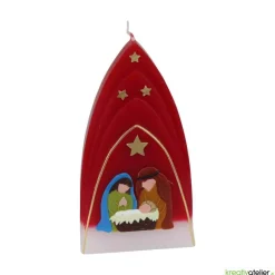 Weihnachtskerze personalisierbar – Kuppelmotiv rot-weiß mit Christkind, Maria und Josef, handgegossen
