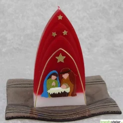 Weihnachtskerze personalisierbar – Kuppelmotiv rot-weiß mit Christkind, Maria und Josef, handgegossen