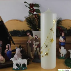 Weihnachtskerze personalisierbar – elfenbeinfarbene Kerze 'Sternenzauber' mit goldenen Sternen
