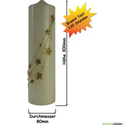 Weihnachtskerze personalisierbar – elfenbeinfarbene Kerze 'Sternenzauber' mit goldenen Sternen
