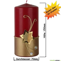 Weihnachtskerze personalisierbar–rotgold mit Stern und funkelnden Steinen, ideal als Weihnachtsgeschenk oder Adventsdeko