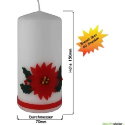 Weihnachtskerze personalisierbar – weiße Kerze mit Weihnachtsstern und Ilex, handverziert, ideal als Weihnachtsgeschenk