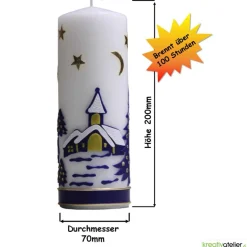 Weihnachtskerze personalisierbar – weiße Kerze mit Weihnachtsdorf, ideal als Weihnachtsgeschenk oder Adventsdeko