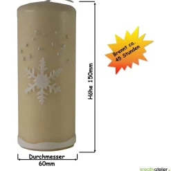 Weihnachtskerze personalisierbar – Winterkerze creme mit Schneeflocke, handverziert, festliche Deko oder Geschenk