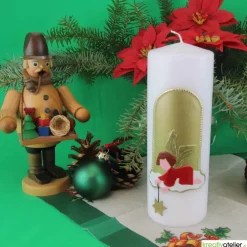 Weihnachtskerze personalisierbar – weiße Kerze mit Engel, perfekt als Weihnachtsgeschenk oder Adventsdeko