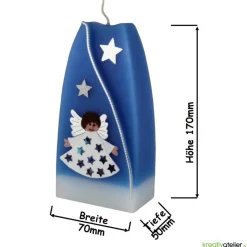 Weihnachtskerze personalisierbar – Doppelbogen-Kerze blau mit Engel, handgegossen, perfekte Winterdeko