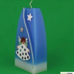 Weihnachtskerze personalisierbar – Doppelbogen-Kerze blau mit Engel, handgegossen, perfekte Winterdeko