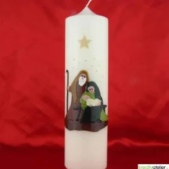Weihnachtskerze personalisierbar – elfenbeinfarbene Kerze mit Heiliger Familie, riesig, handverziert, 300 mm hoch