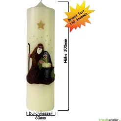 Weihnachtskerze personalisierbar – elfenbeinfarbene Kerze mit Heiliger Familie, riesig, handverziert, 300 mm hoch