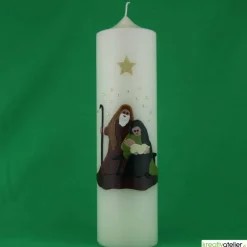 Weihnachtskerze personalisierbar – elfenbeinfarbene Kerze mit Heiliger Familie, riesig, handverziert, 300 mm hoch