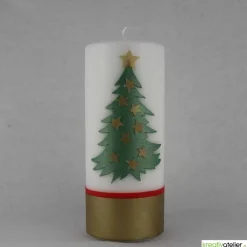 Weihnachtskerze personalisierbar – Kerze mit Tannenbaum und goldenen Sternen, handverziert