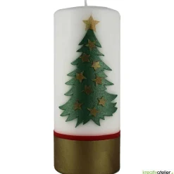 Weihnachtskerze personalisierbar – Kerze mit Tannenbaum und goldenen Sternen, handverziert