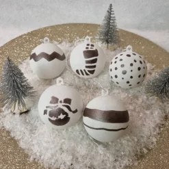 Weihnachtskugeln aus Acryl in Weiß, handbemalt, 5 Stück