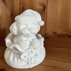 Welpe mit Weihnachtsmütze im Sack ca. 10cm- Bolonka / Pudel Gipsfigur zum Anmalen