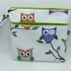 Wetbag, Wachstuch, Eulen, Windeltasche, Nasstasche mit 2 Reißverschlusstaschen für Nass-und Trockenwäsche/Ersatzkleidung