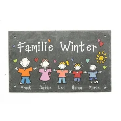 wetterfestes Schiefer Türschild für Familien mit Name und Figuren personalisiert, exklusives Schieferschild, dekoratives Haustürschild - persönliches Familiengeschenk / Einzugsgeschenk / Geburtstagsgeschenk