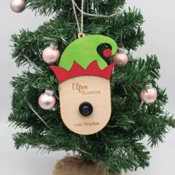 Wichtel / Elfen / Weihnachtsmann Überwachungskamera Attrappe aus Holz mit farbigen Akzenten