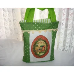 Wichtel Hasen Ostertasche Stoff mit Bügelbild grün weiß bunt