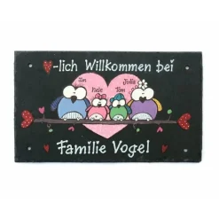 Willkommensschild aus Schiefer für Familien personalisiert mit Namen und Eulen, buntes Schieferschild, dekoratives Haustürschild - exklusives Hochzeitsgeschenk, individuelles Familiengeschenk