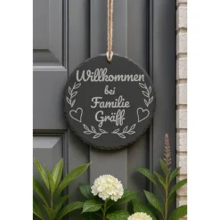 Willkommensschild aus Schiefer – rund 25 cm – personalisiert mit Familienname – Türschild mit Juteschnur – Geschenk zum