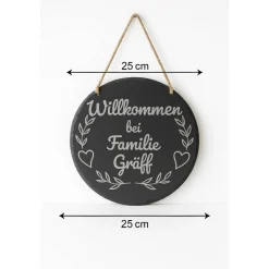 Willkommensschild aus Schiefer – rund 25 cm – personalisiert mit Familienname – Türschild mit Juteschnur – Geschenk zum