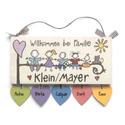 Willkommensschild für Familien mit Name personalisiert, Türschild aus Holz mit Figuren handgemalt, individuelles Haustürschild - exklusives Design, wetterfeste Bemalung, hochwertig in Ausführung