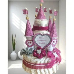 Windeltorte Mädchen Windelschloss pink personalisiert mit Namen – Prinzessin Geschenk