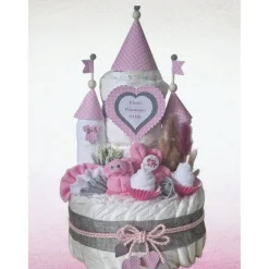 Windeltorte Rosa Mädchen – Personalisiertes Windelschloss mit Namen als Geschenk