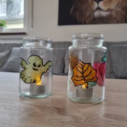 Windlicht aus Altglas. 2er Set. Handbemalt im herbstlichen Design passend für die Herbst- und Halloween Dekoration