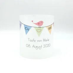 Windlicht Tauflicht bunte Wimpelkette Junge personalisiert mit Name und Taufdatum