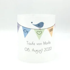 Windlicht Tauflicht bunte Wimpelkette Junge personalisiert mit Name und Taufdatum