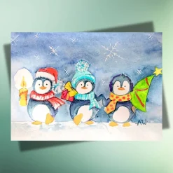 Winterfreunde Postkarten-Set: 3 handgemalte Aquarellmotive mit Pinguinen & Schneemännern