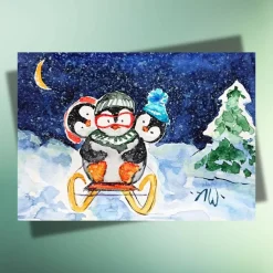 Winterfreunde Postkarten-Set: 3 handgemalte Aquarellmotive mit Pinguinen & Schneemännern