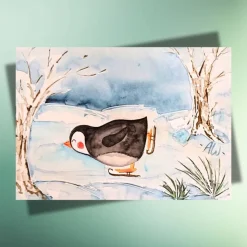 Winterkarte Schlittschuh-Pinguin – DIN A6 Postkarte auf Kraftpapier für Wintergrüße