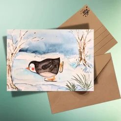 Winterkarte Schlittschuh-Pinguin – DIN A6 Postkarte auf Kraftpapier für Wintergrüße