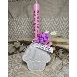 Wünsch dir was – Handgegossener Raysin Cupcake mit Stabkerze, Trockenblumen & Anhänger