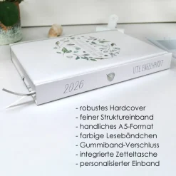 Wochenkalender & Terminplaner 2025 A5 mit vielen Extras personalisiert botanisch mit Olive & Eukalyptus