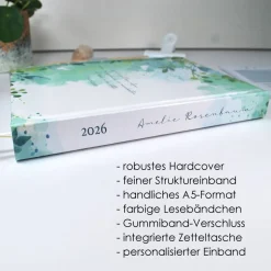 Wochenkalender & Terminplaner 2026 A5 mit vielen Extras personalisiert botanisch Pflanzen Blätter grün