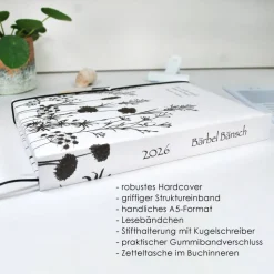Wochenkalender & Terminplaner 2026 A5 Hardcover | viele Extras | personalisiert | schwarz-weiss | floral Wiesenblumen