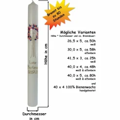 Wunderschöne handverzierte Taufkerze mit stilisiertem Lebensbaum und goldenem Kreuz, personalisierbar