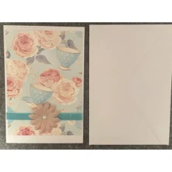Wunderschöne Karte, Rosen, Tee Tasse, Handarbeit mit Umschlag