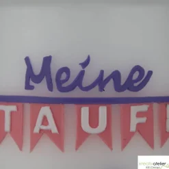 wunderschöne moderne Taufkerze mit Fischen, Satinband und Jutekordel in zartem Rosa und Violett für Mädchen