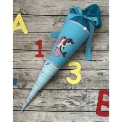 wunderschöne Schultüte aus Stoff in Türkis mit Meerjungfrau & Delfin