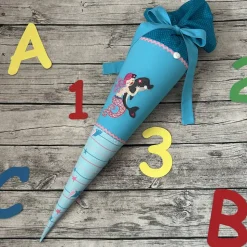 wunderschöne Schultüte aus Stoff in Türkis mit Meerjungfrau & Delfin