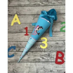 wunderschöne Schultüte aus Stoff in Türkis mit Meerjungfrau & Delfin
