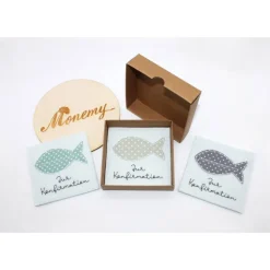 Wunscherfüller zur Konfirmation - Filzverpackung mit Fisch für Geld oder Gutschein - handgemacht mit Stickerei & Box