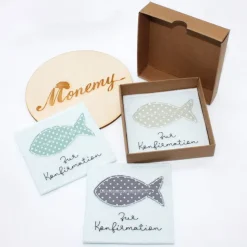 Wunscherfüller zur Konfirmation - Filzverpackung mit Fisch für Geld oder Gutschein - handgemacht mit Stickerei & Box