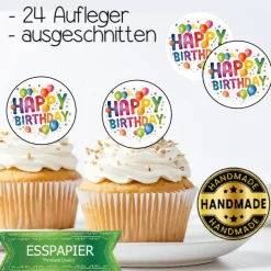 24x Muffin Aufleger essbar Happy Birthday bunt Geburtstag Esspapier geschnitten