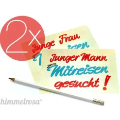 2x Postkarte und Aufkleber „Junge Frau oder Mann zum Mitreisen gesucht!“ -  Reisen, Hochzeit, Reisebüro, Verlobung
