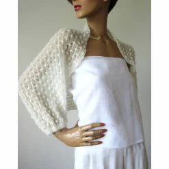 Zarter Braut Bolero ivory, Jäckchen Hochzeit, Schulterwärmer Shrug Mohair, Seelenwärmer mit Lace Muster, duftig leicht